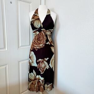 Vintage Cache Brown & Turquoise Floral Halter Maxi Dress
